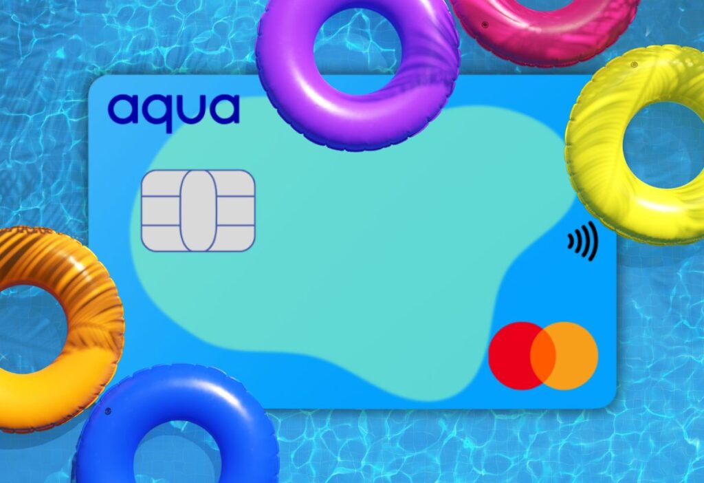 Aqua Classic Credit Card surrounded by colourful inflatables in a pool, representing easy and carefree credit management.