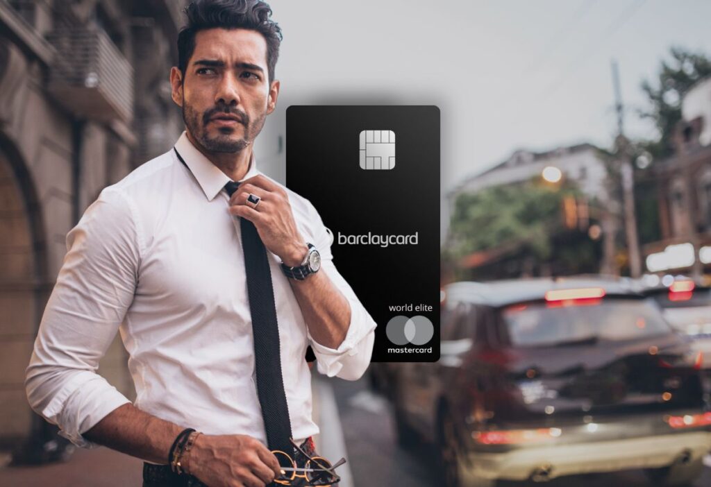 A man in a white shirt adjusting his tie, with an image of the Barclaycard Avios Plus card in the background, representing sophistication and the exclusive benefits of the World Elite Mastercard.