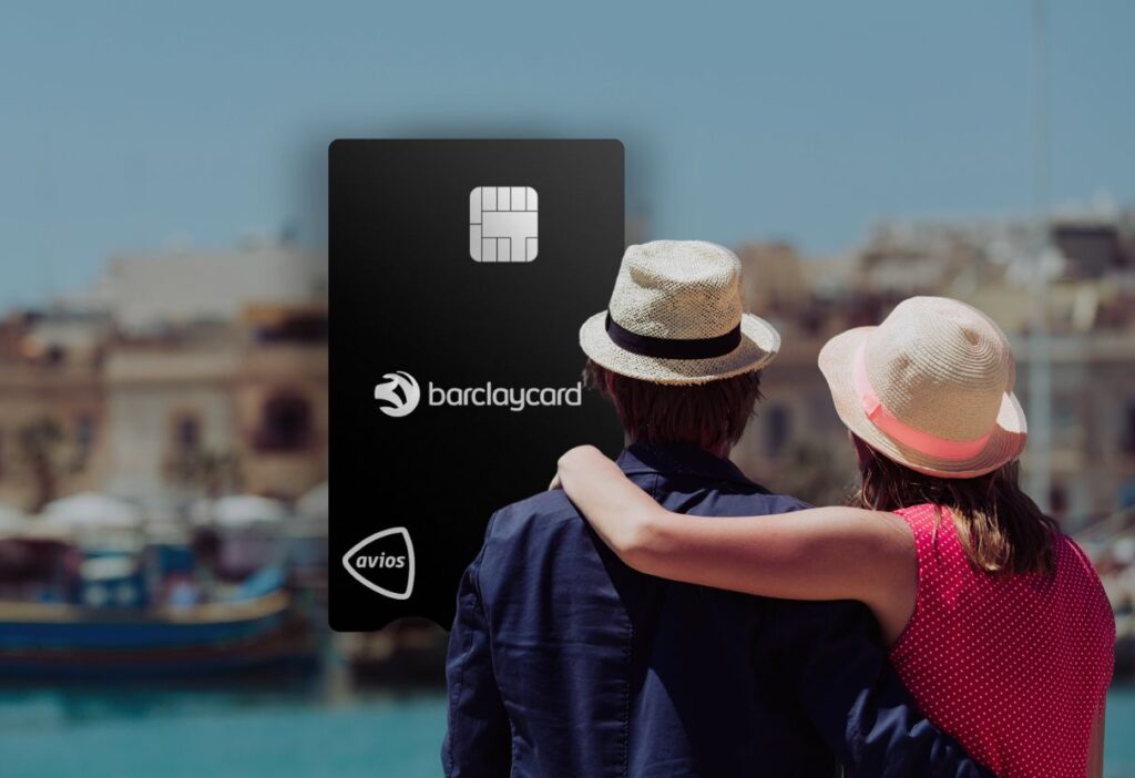 A couple embracing while looking at a scenic view, with the Barclaycard Avios Plus card in the background, symbolising travel rewards and exclusive benefits for cardholders seeking memorable experiences.