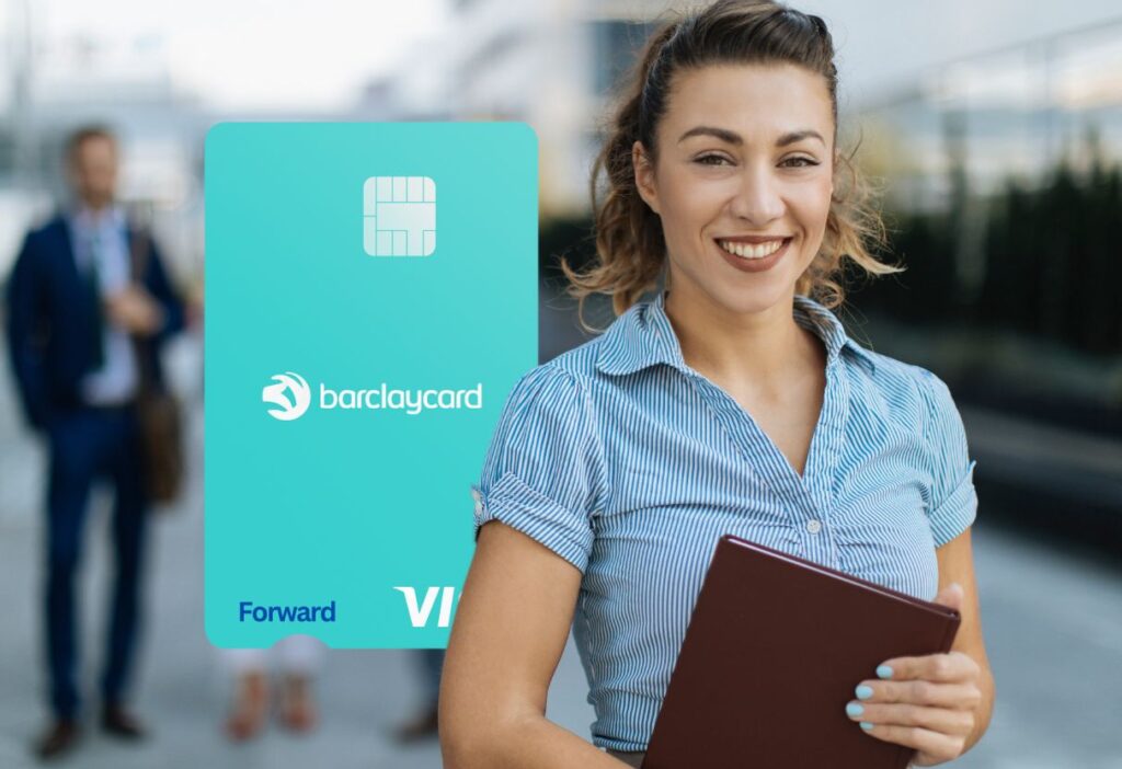 Smiling woman in a blue striped shirt holding a tablet, standing outdoors with a blurred urban background. In the foreground, a turquoise Barclaycard Forward Visa credit card is displayed.