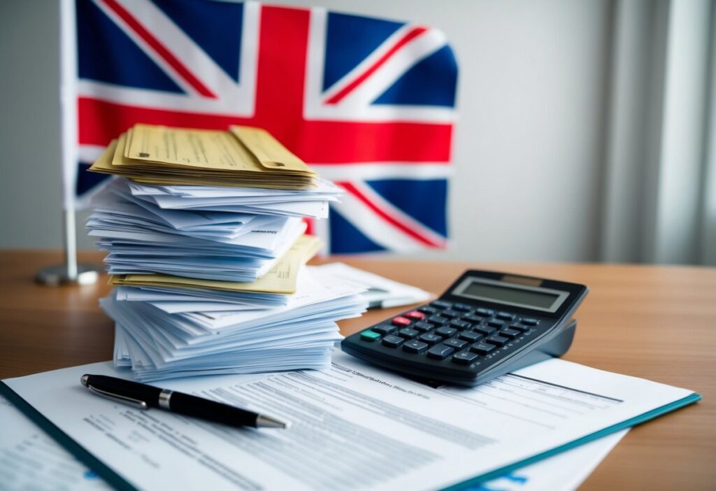 A stack of financial documents, a calculator, and a pen on a desk with a UK flag in the background.