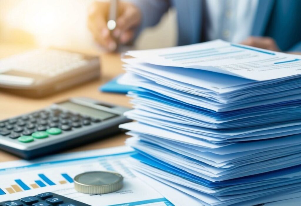 A stack of financial documents surrounded by a variety of investment options such as stocks, bonds, and mutual funds, with a calculator and pen nearby.