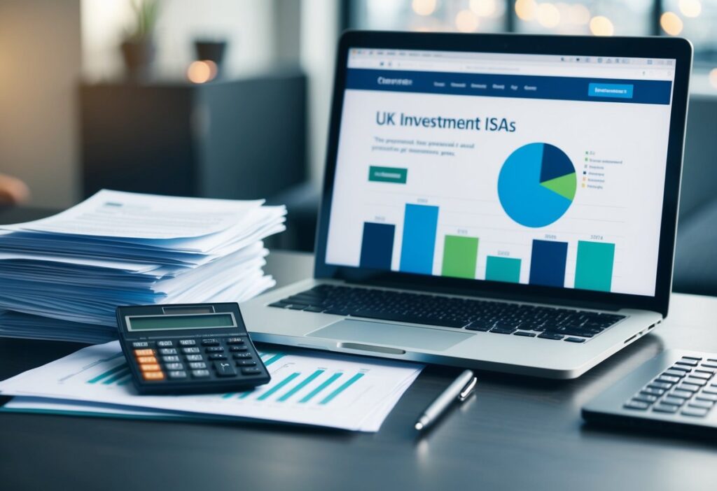 A stack of financial documents, a calculator, and a pen on a desk. A laptop open to a webpage about UK investment ISAs.