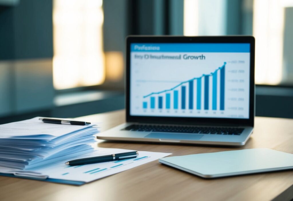 A desk with a laptop, pen, and paper. A stack of financial documents. A graph showing investment growth.