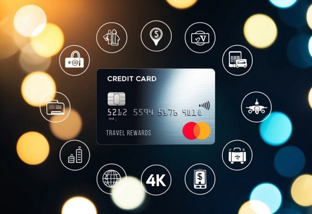 Credit card with icons showing various financial benefits.