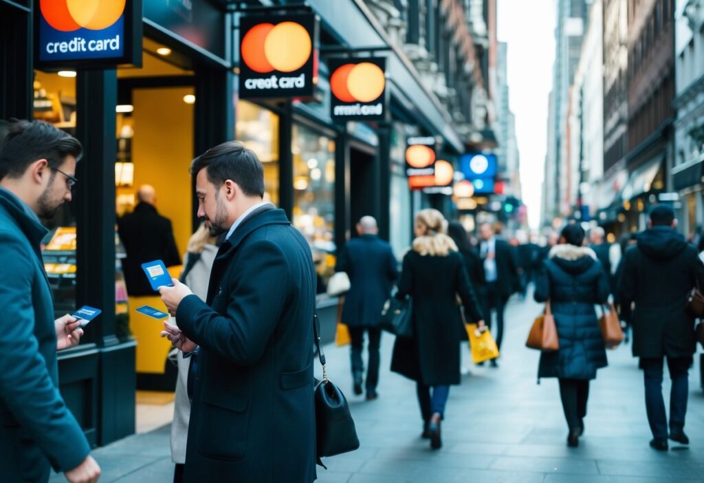 People on a busy UK street outside credit card stores.