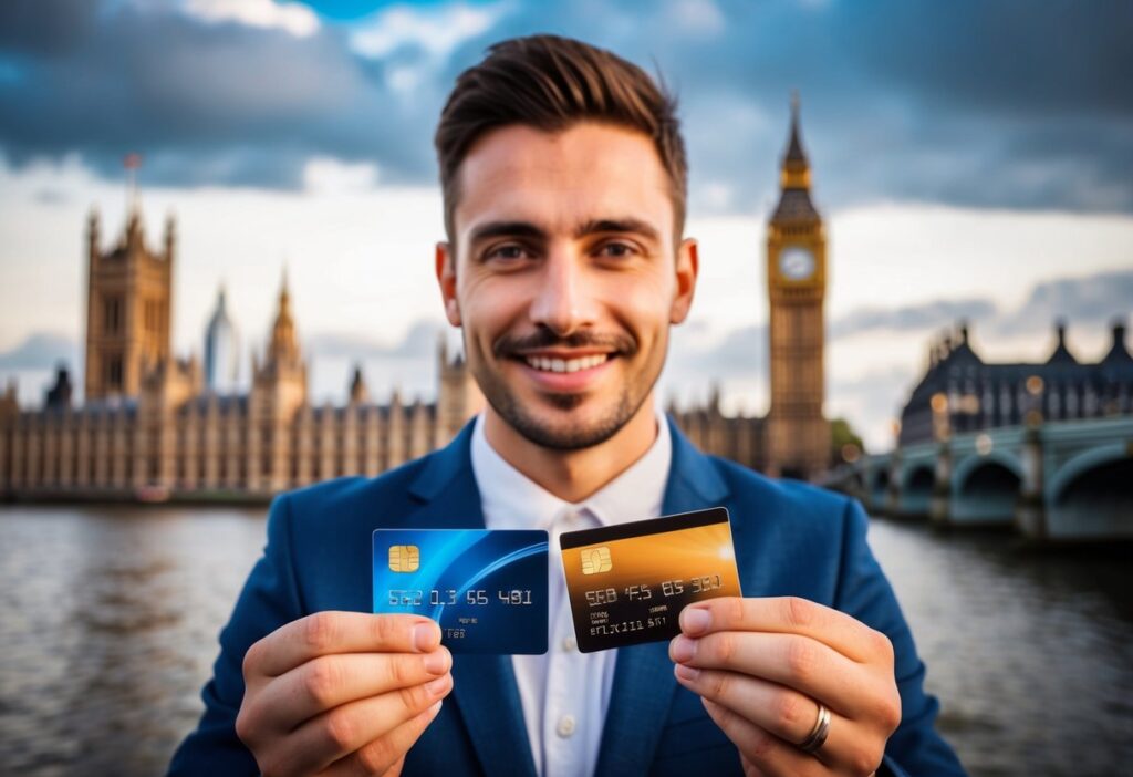 Smiling man holding two credit cards with London skyline in background.