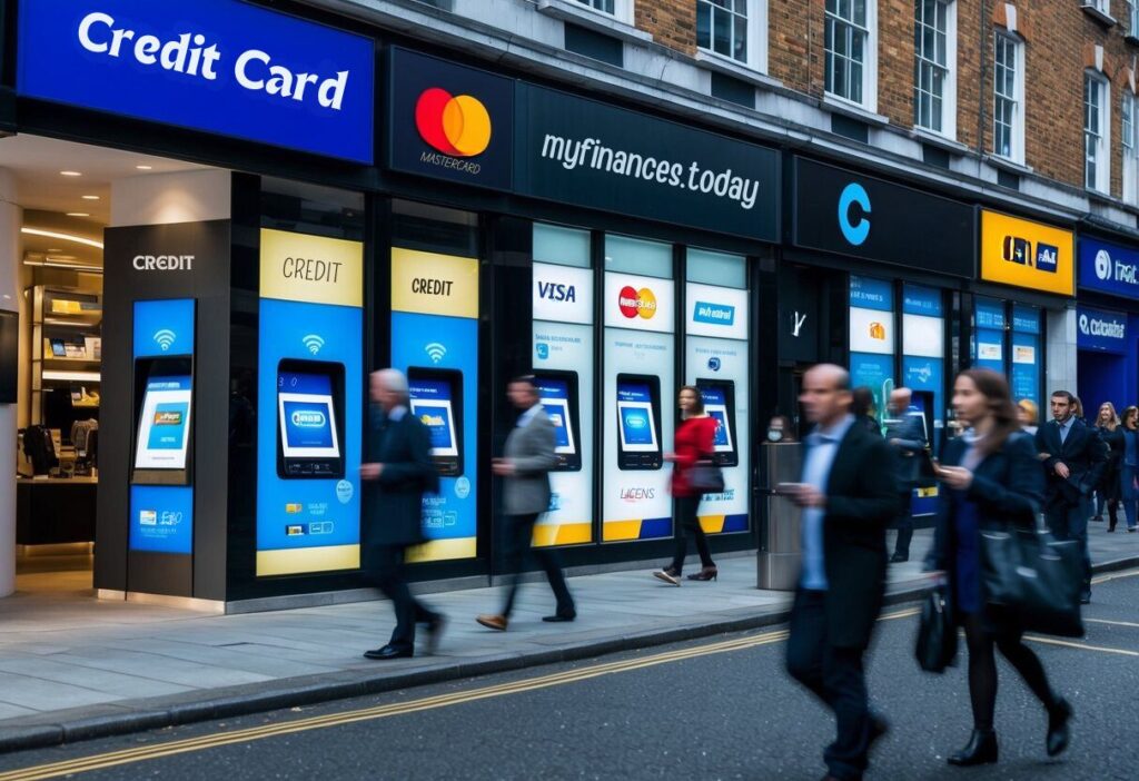 Shopfront of a UK credit card store with people walking past.