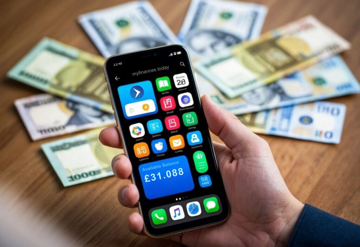 Mobile phone showing a finance app interface with dollar bills in the background, indicating budget and expense tracking.