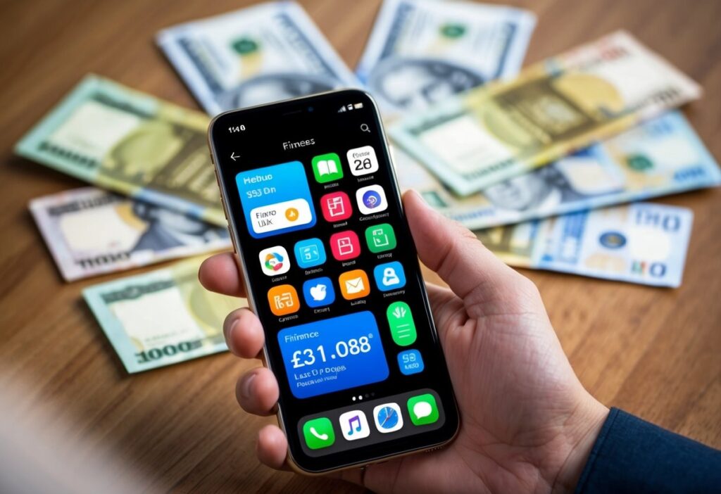 Mobile phone showing a finance app interface with dollar bills in the background, indicating budget and expense tracking.