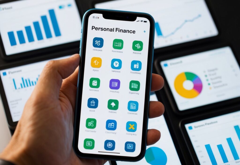 Hand holding a smartphone with various financial management icons, surrounded by tablets displaying charts and financial data.