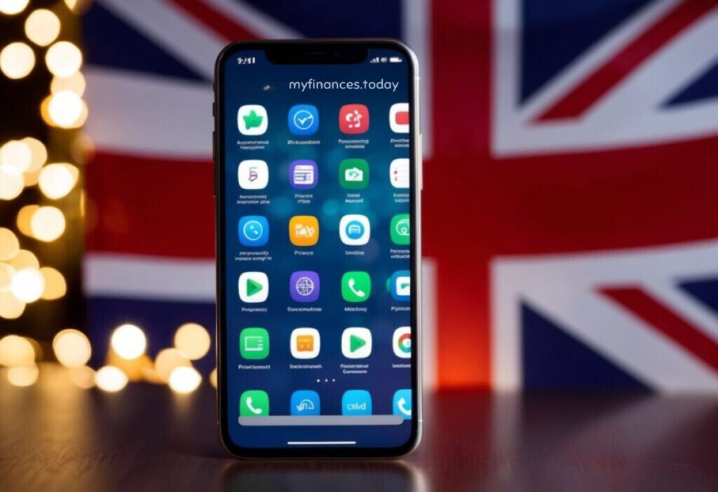 Mobile screen displaying top personal finance apps with a British flag background, representing UK-focused money management solutions.