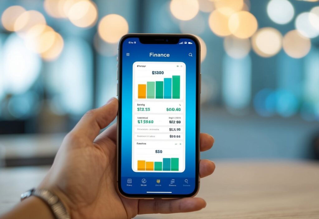 Finance app on smartphone displaying budgeting and spending charts, with blurred bokeh lights in the background.