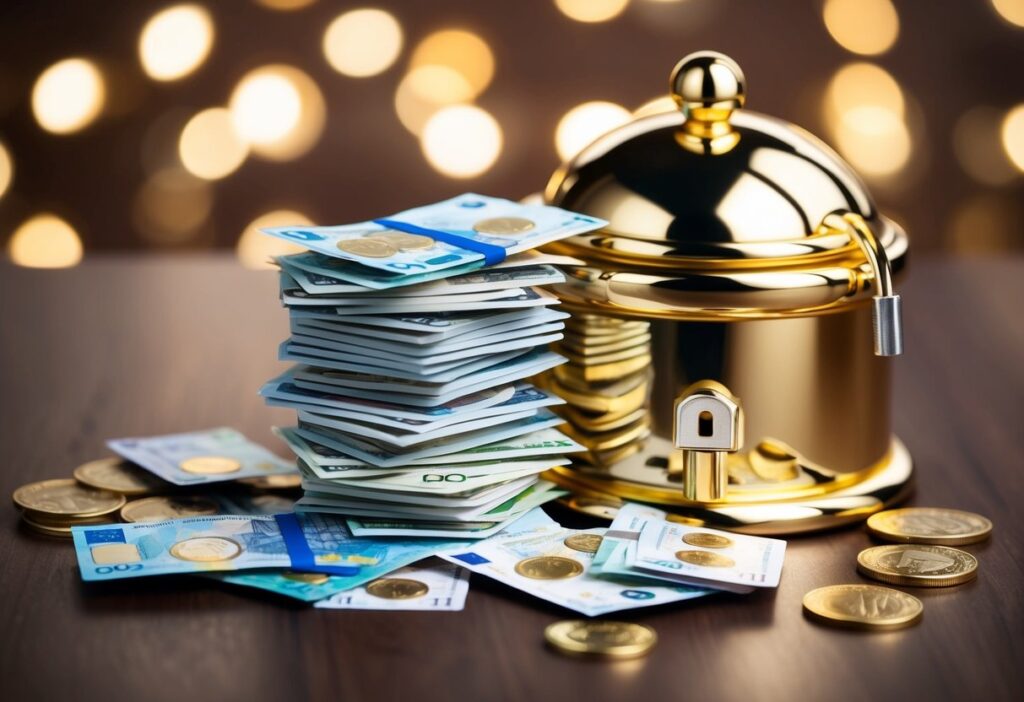 A stack of British currency symbols surrounded by a shining golden vault with a lock, representing the best UK savings accounts for 2024.