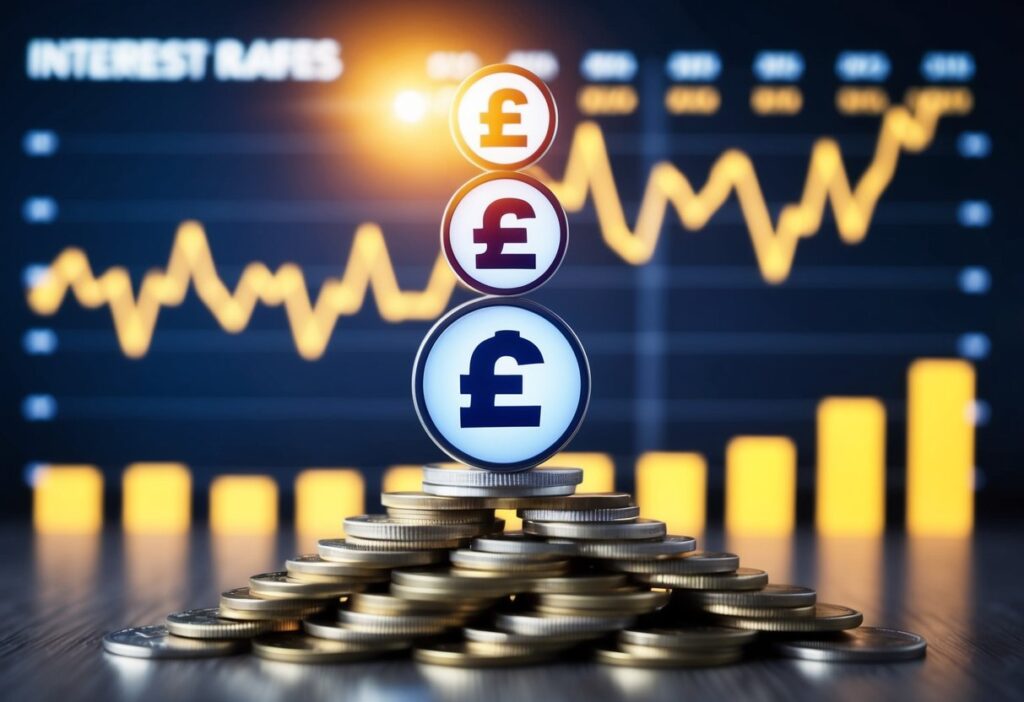 A stack of UK currency symbols rising from a pile of coins, surrounded by a glowing chart of interest rates.