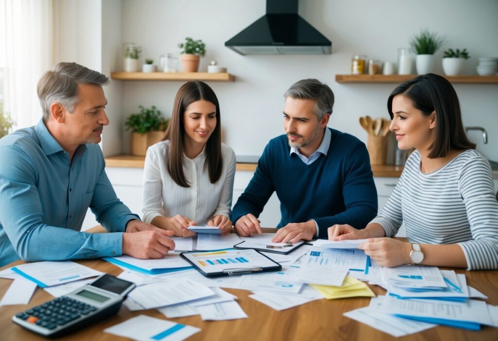 Group of people reviewing financial reports in a home setting, representing personal finance management and budgeting strategies.