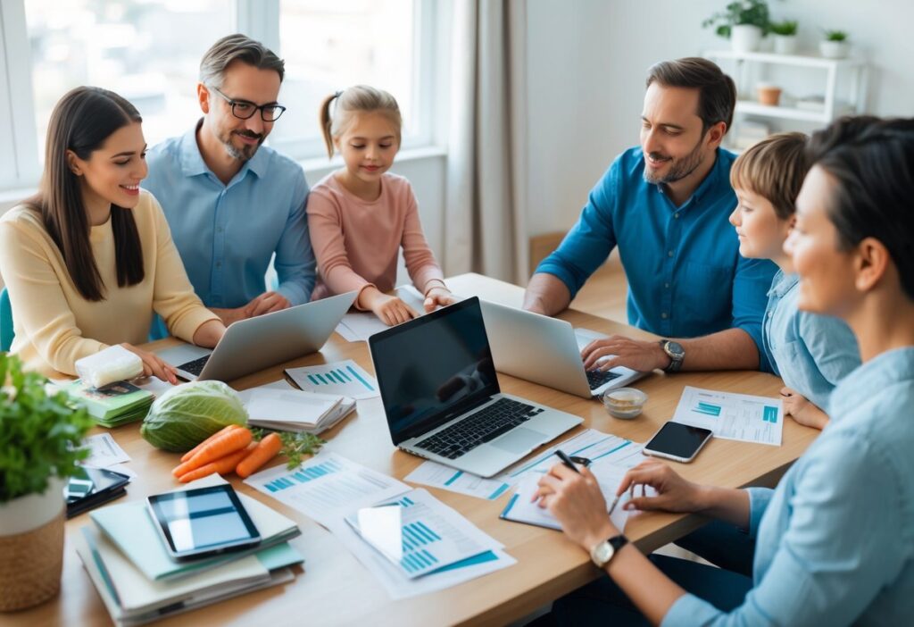 Family sitting together at a table with laptops and financial documents, discussing budgeting and expenses.