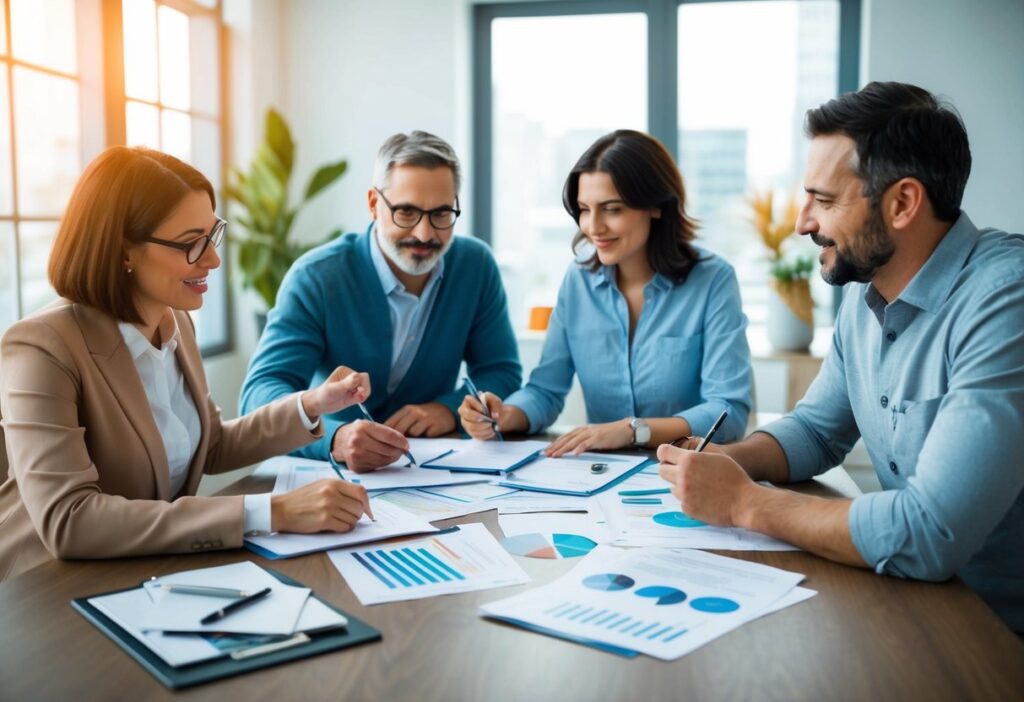 Team of colleagues analysing financial charts and reports, symbolising collaboration in financial planning.