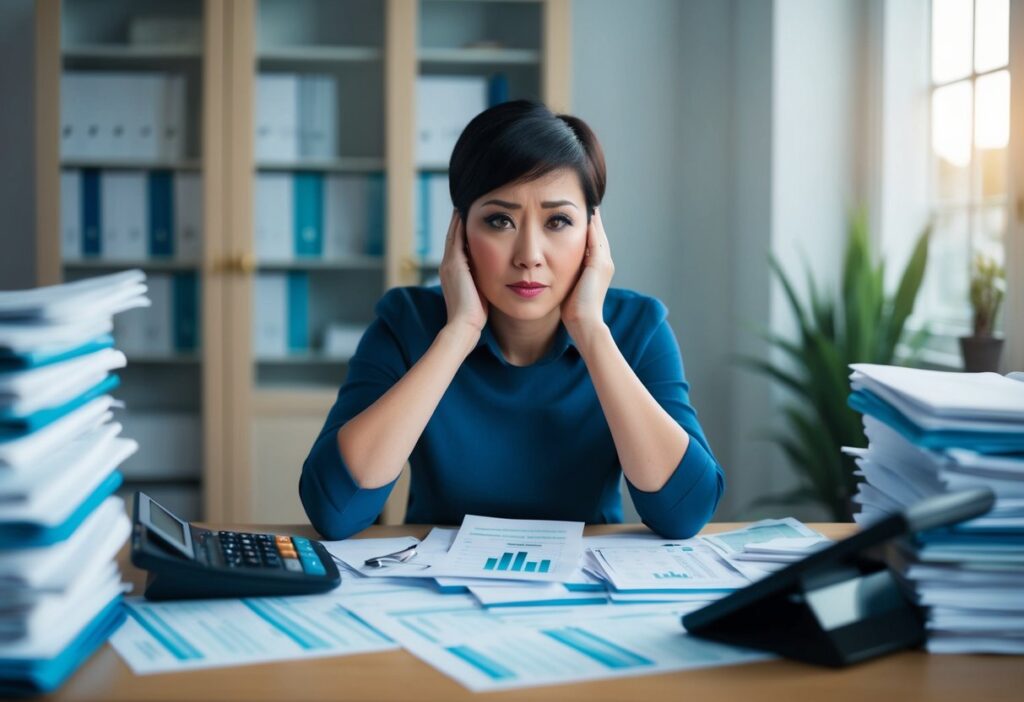 Woman looking stressed while reviewing financial documents, representing financial planning and budgeting challenges.