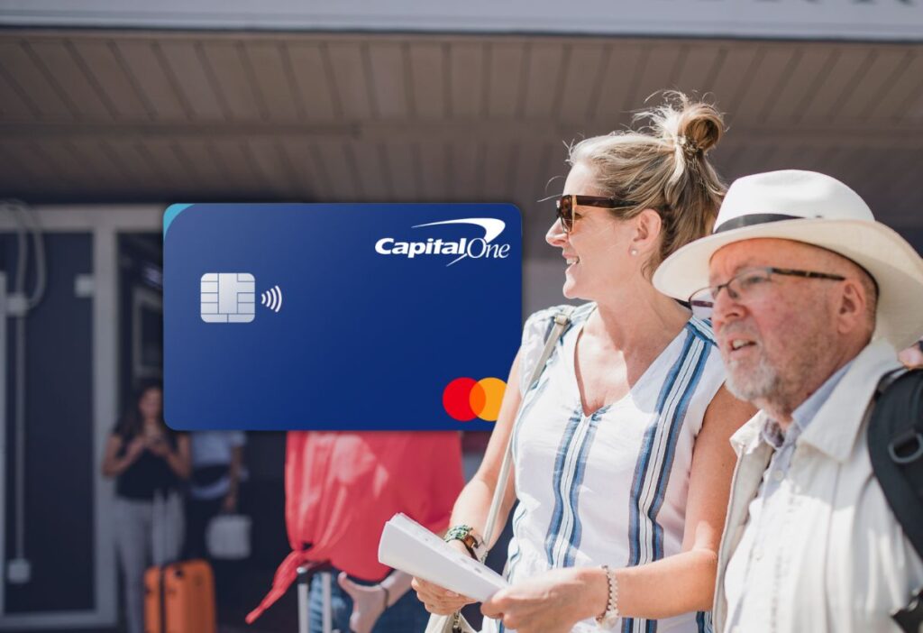 Two smiling travellers at an airport, with the Capital One Mastercard featured in the foreground, symbolising ease and benefits for travel-related purchases.