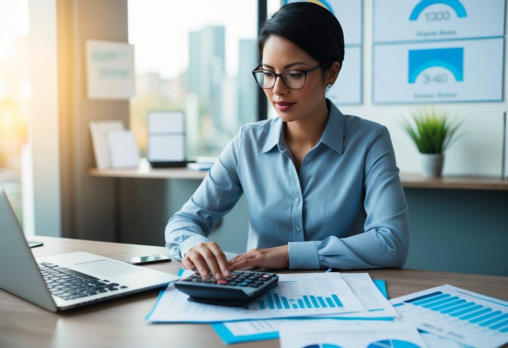 Woman in an office using a calculator and reviewing financial documents with charts and tables.