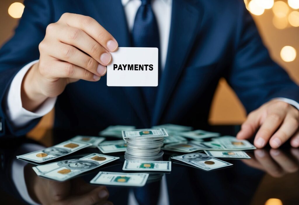 Man holding a card labelled 'Payments' with multiple dollar bills spread on the table.