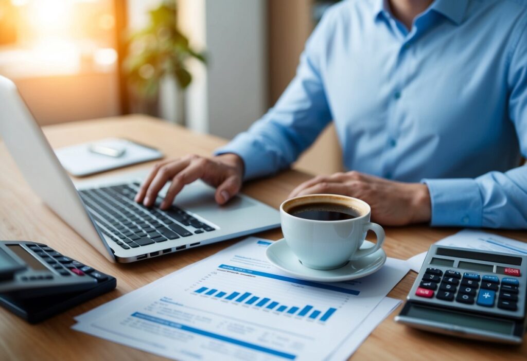 Professional using a laptop and calculator in an office setting, with a cup of coffee nearby.