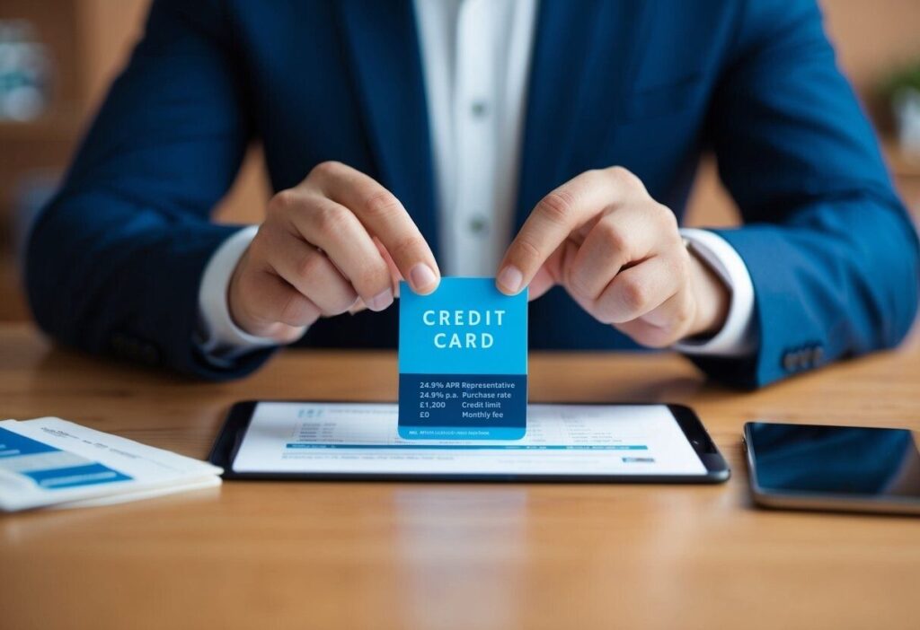 Person holding a blue credit card over a table, showing details of rates and credit limits.