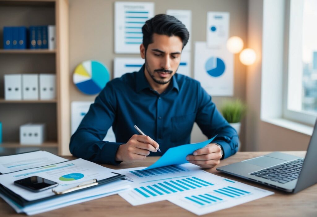 Man analysing financial charts in an office, reviewing documents and spreadsheets with bar and pie charts.