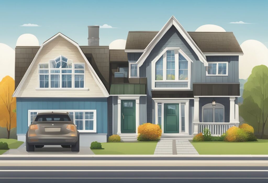 A house with a split down the middle, one side labeled "fixed mortgage" and the other "variable mortgage". A scale tips in favor of the fixed side