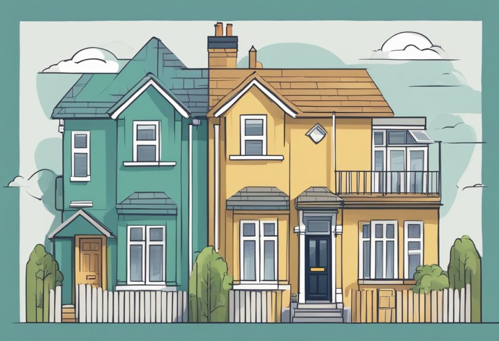 A house with a scale balanced on its roof, one side labeled "fixed" and the other "variable," symbolizing the choice between fixed and variable mortgages in the UK