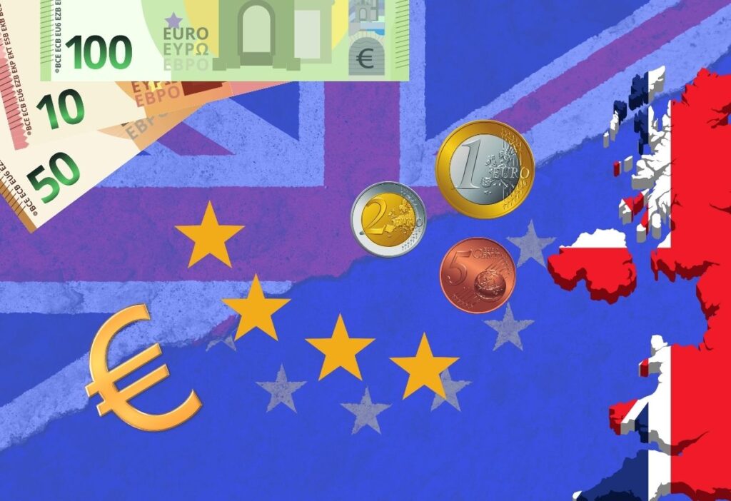 Euro banknotes and coins overlaid on a map of the UK and EU flag, representing the financial impact of Brexit on the UK and the eurozone.