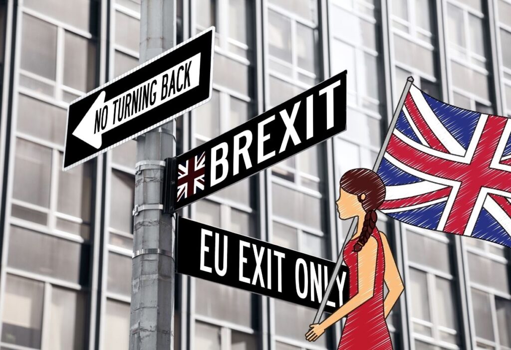 Street signs showing 'Brexit,' 'EU Exit Only,' and 'No Turning Back,' with a woman holding a Union Jack flag, symbolising the UK's departure from the EU.