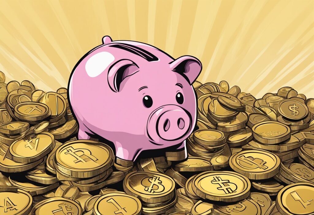 A piggy bank surrounded by rising prices and a shrinking pile of coins