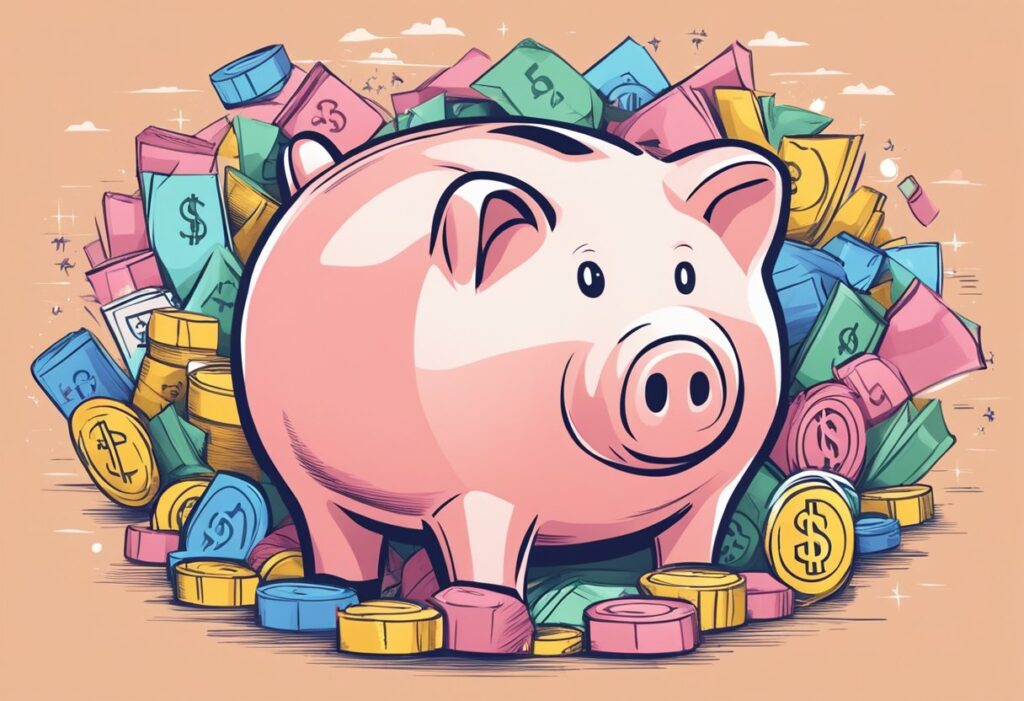 A piggy bank surrounded by rising inflation symbols, shielded by a protective barrier