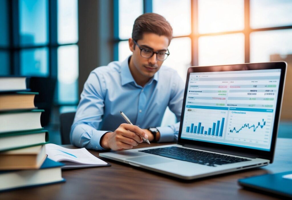 Man analysing financial data on a laptop, focusing on investment charts and statistics in a modern office setting.