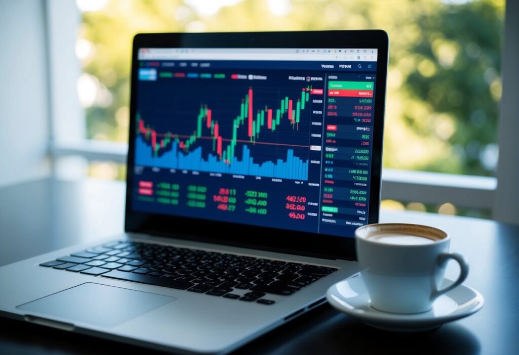 Laptop screen showing stock market graphs and numbers with a cup of coffee, symbolising stock market analysis.