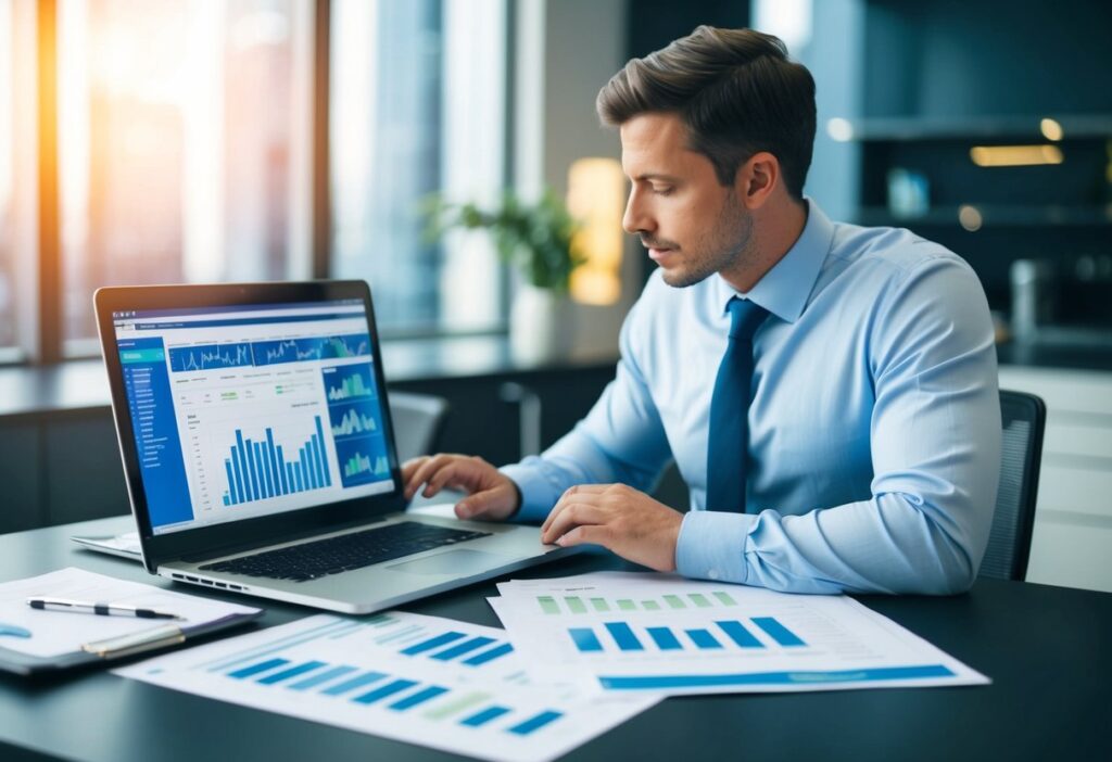 Man studying investment charts on a laptop, with financial reports spread on the desk in a corporate office.