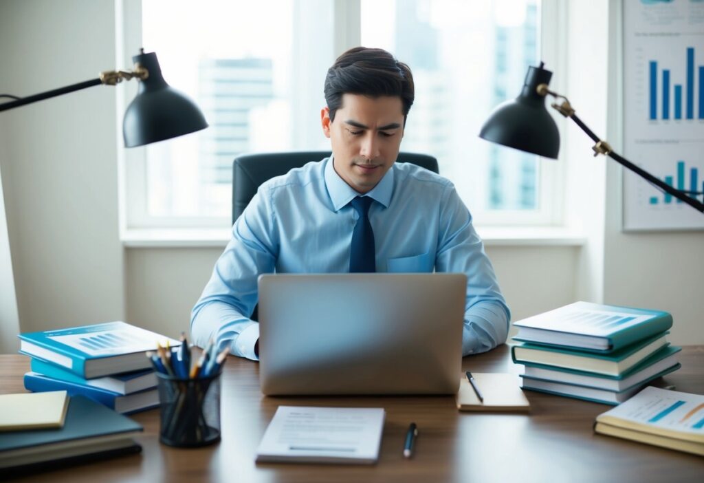 Businessman working on a laptop in a well-lit office with books and financial documents, representing investment planning.