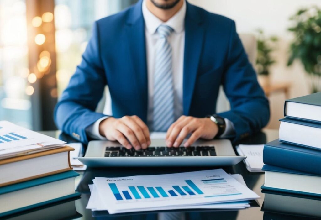 Professional in a suit typing on a laptop with investment charts and reports on the desk, symbolising financial analysis.