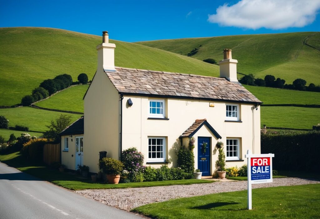 A cozy British cottage with a "For Sale" sign in the front yard, surrounded by rolling green hills and a clear blue sky.