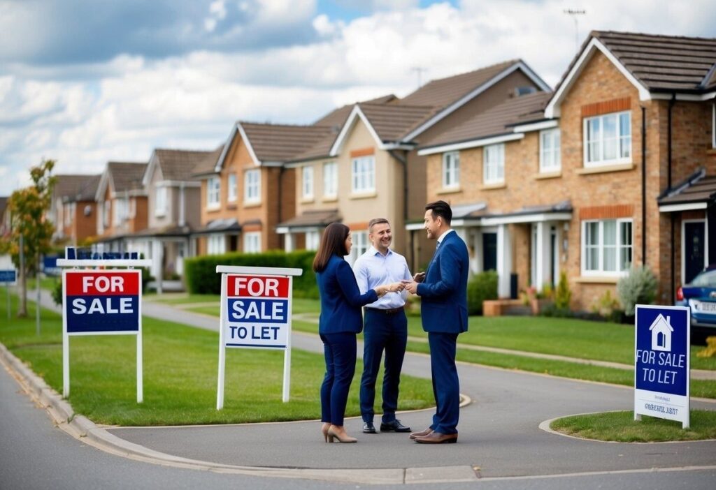 A suburban street with a mix of houses and "for sale" or "to let" signs, with a real estate agent showing a couple around a property.