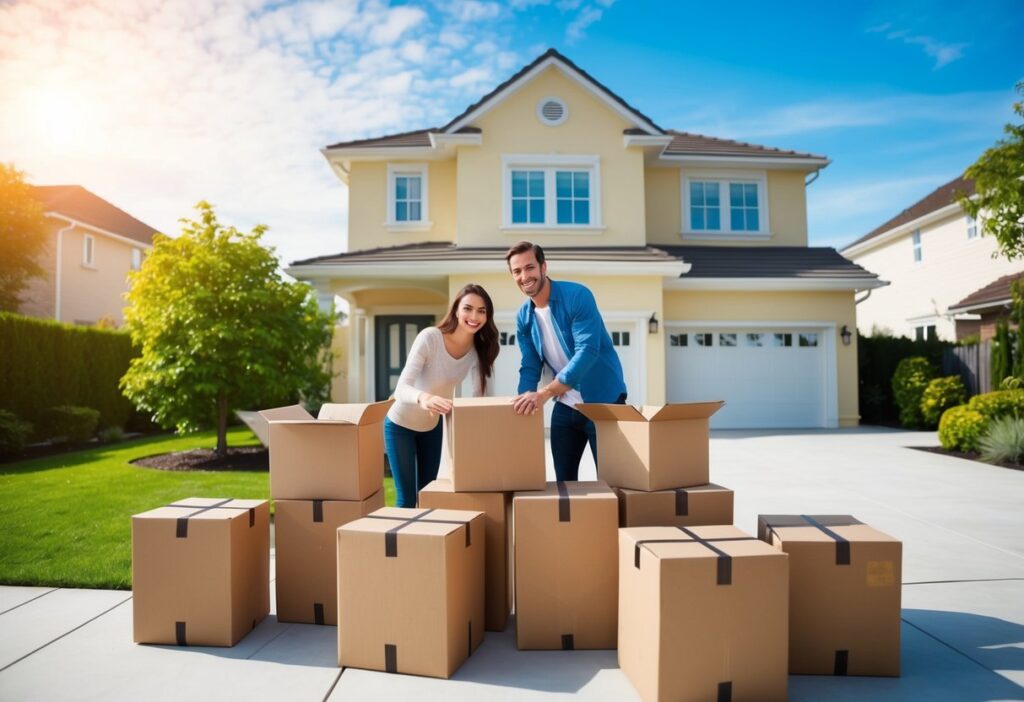 A couple happily unpacking boxes in their new, spacious and sunny home, surrounded by a garden and a peaceful neighborhood.