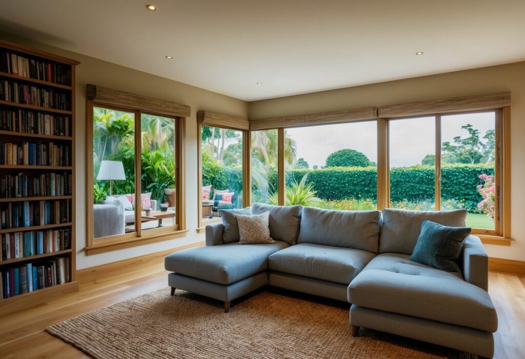 A cozy living room with a comfortable sofa, a bookshelf filled with books, and a large window overlooking a lush garden.