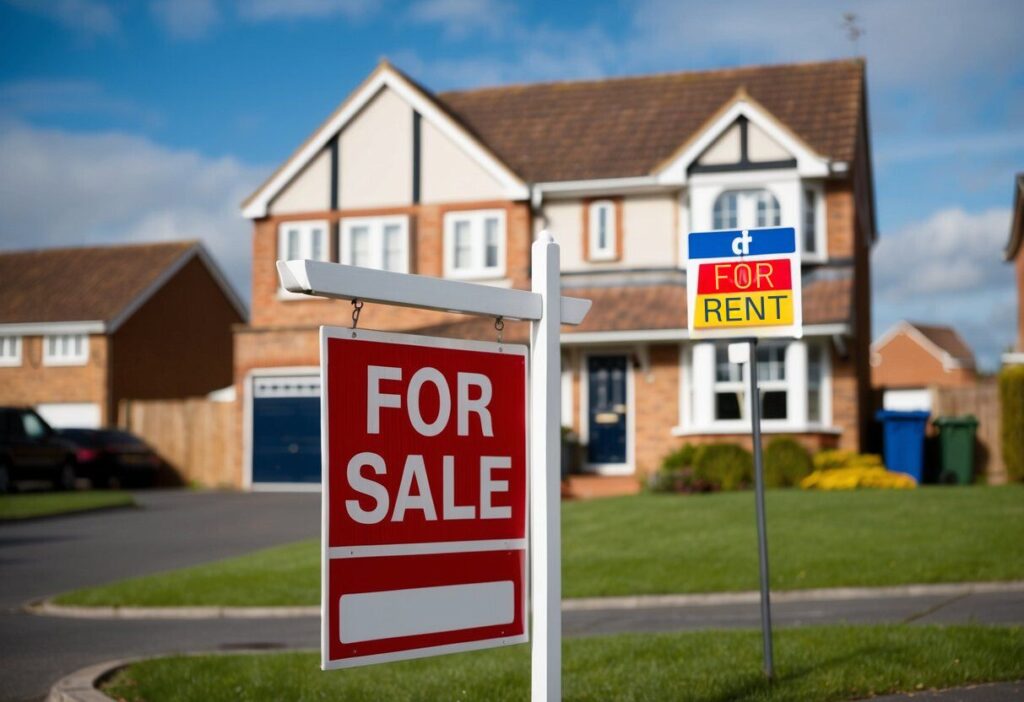 A house with a "For Sale" sign next to a rental property with a "For Rent" sign, both in a suburban UK neighborhood.