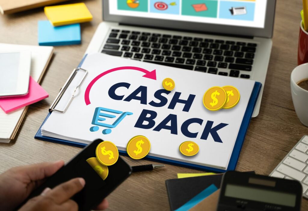 A person shopping online, receiving cashback on purchases, and transferring money to a bank account.