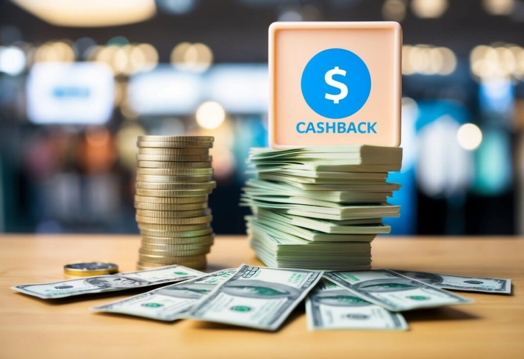 A stack of money and a variety of shopping items displayed with a cashback symbol in the background.