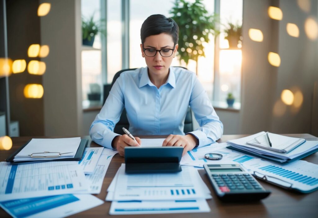 A person sitting at a desk, surrounded by bills and financial statements, with a calculator and notebook, looking determined and focused.