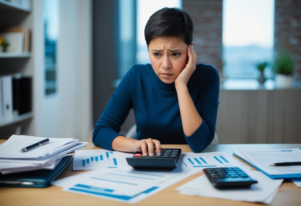 A person sitting at a desk with a calculator and paperwork, surrounded by bills and financial statements. A worried expression on their face as they try to manage their debt effectively in the UK.