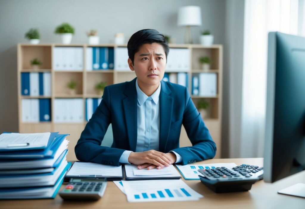 A person sitting at a desk surrounded by financial documents, calculator, and computer, with a worried expression.